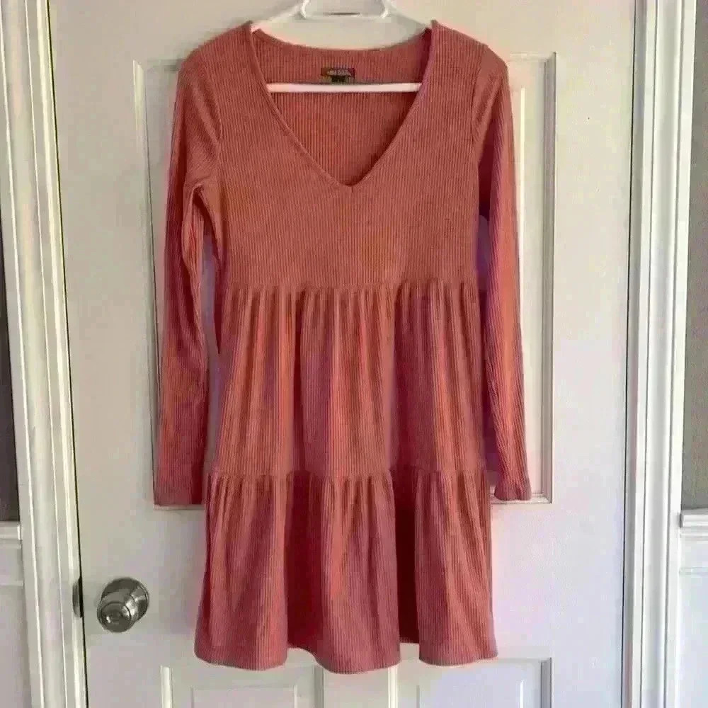 ribbed dress burnt orange tiered flowy fit n flare babydoll lagenlook - Picture 2 of 5